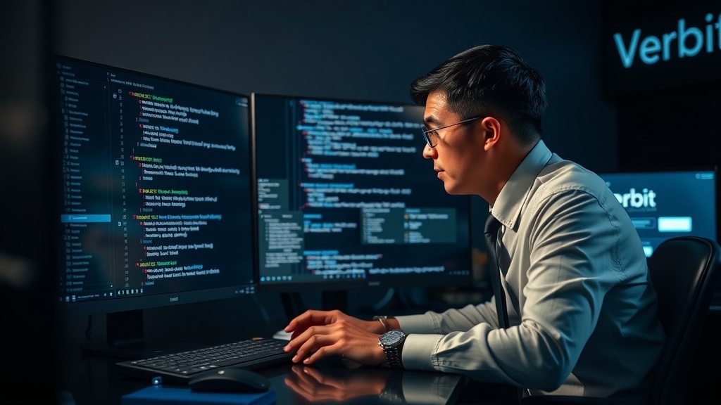 A focused individual working on a computer with multiple screens displaying code and data, representing a tech-driven environment at Verbit.