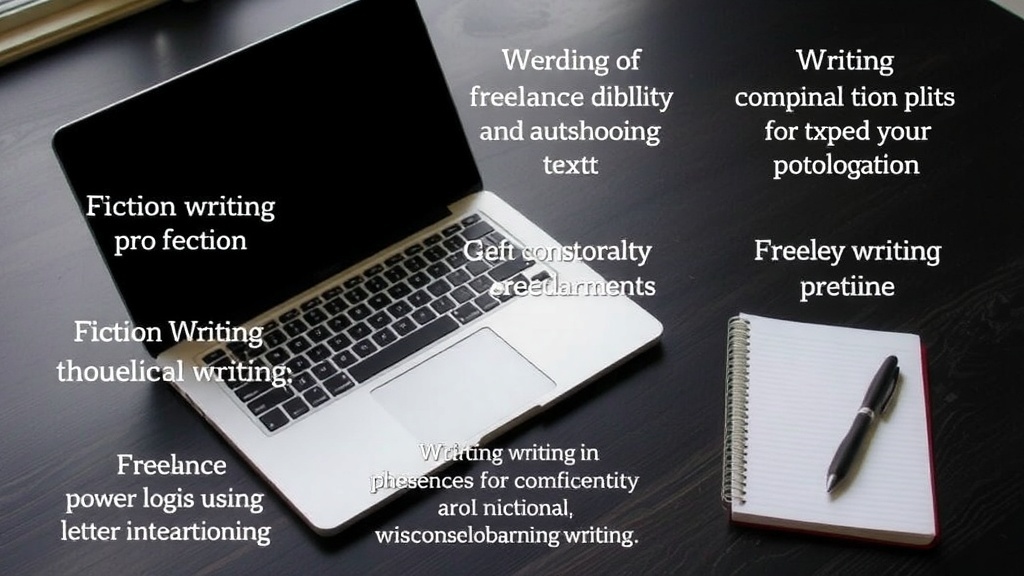 A laptop and notebook on a desk, representing freelance writing.