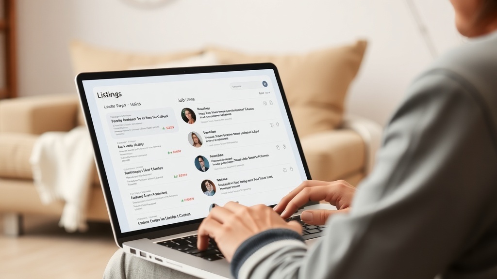 A person browsing job listings on a laptop in a cozy living room.