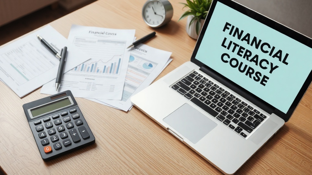A laptop showing 'Financial Literacy Course' with a calculator and financial documents on a wooden desk.