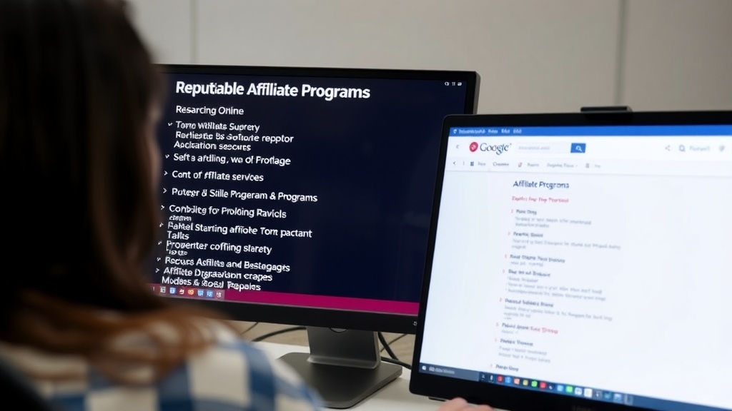A person researching reputable affiliate programs on two computer screens.