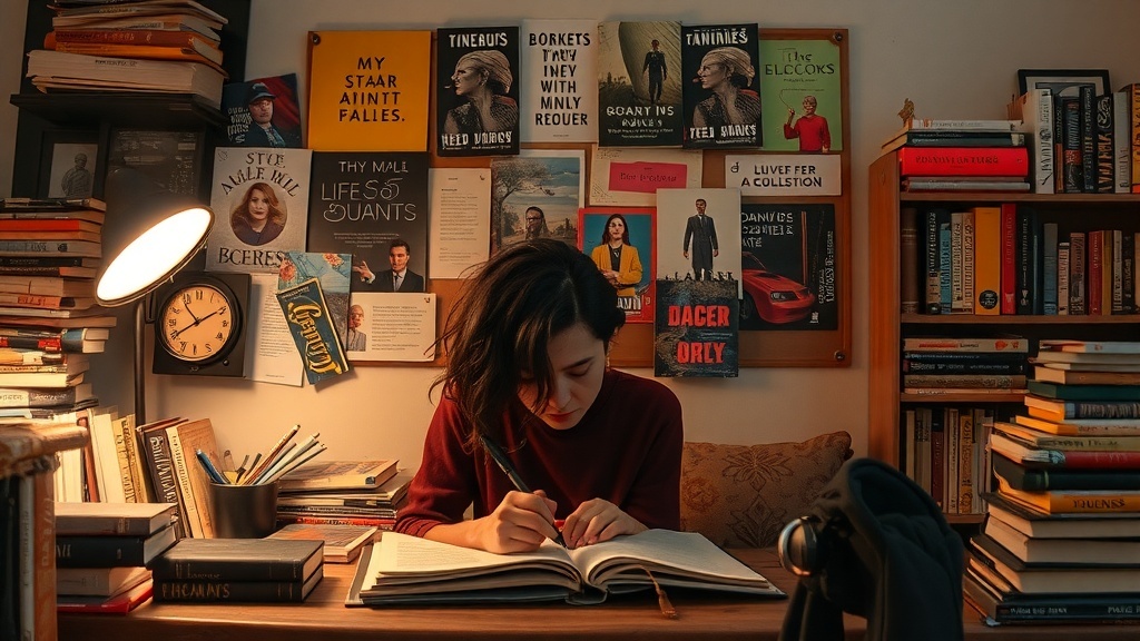 A person writing at a desk surrounded by books and inspirational posters.
