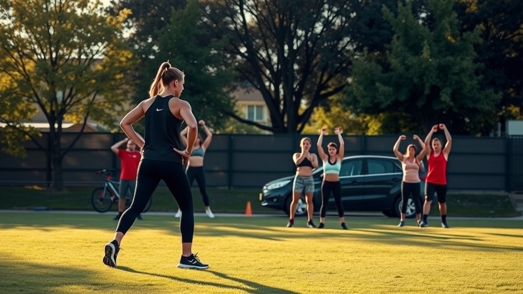A fitness trainer leading a morning workout session with a group of enthusiastic participants.