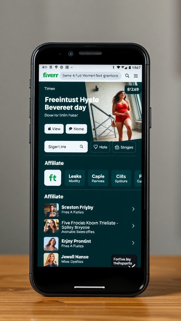 A smartphone displaying the Fiverr affiliate program interface.