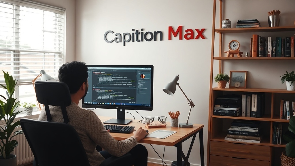 A person working at a desk in a modern office with a computer, focused on writing subtitles for CaptionMax.