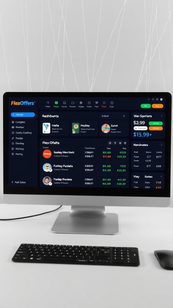 Screenshot of the FlexOffers affiliate network dashboard showing various products and earnings.