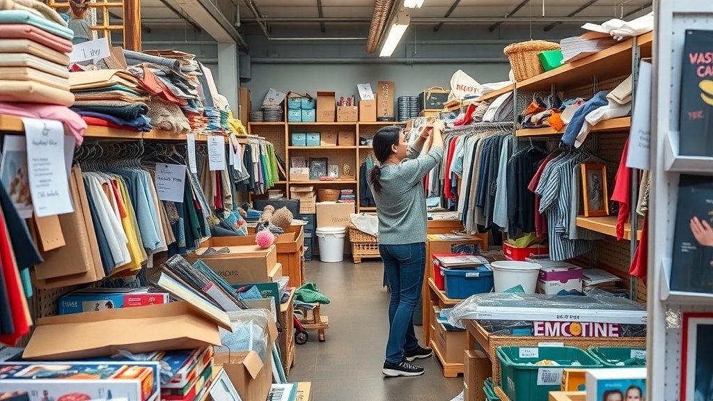 A person organizing items in a cluttered space filled with clothing, books, and various objects.