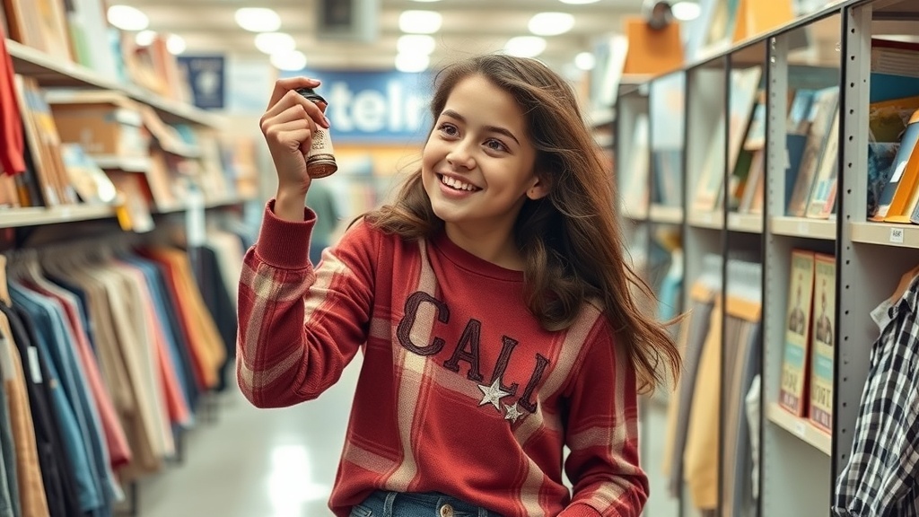 A young girl smiling while holding a small item in a thrift store aisle, surrounded by clothing and books.
