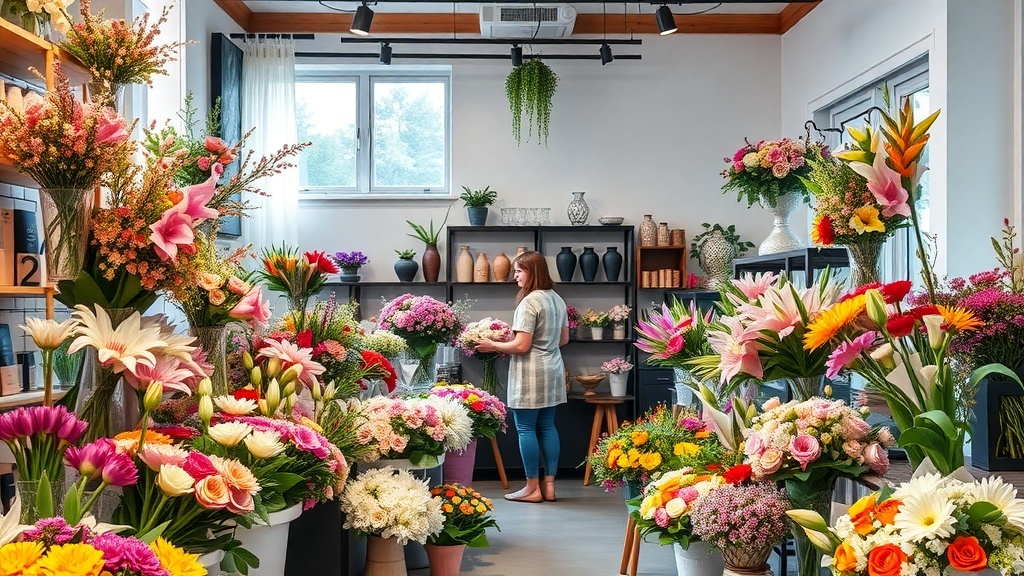 A floral designer arranging flowers in a vibrant flower shop filled with various blooms.