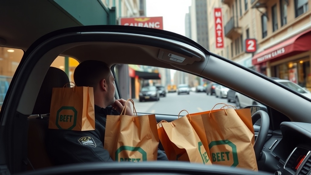 A food delivery driver in a car with bags of food, ready to deliver.