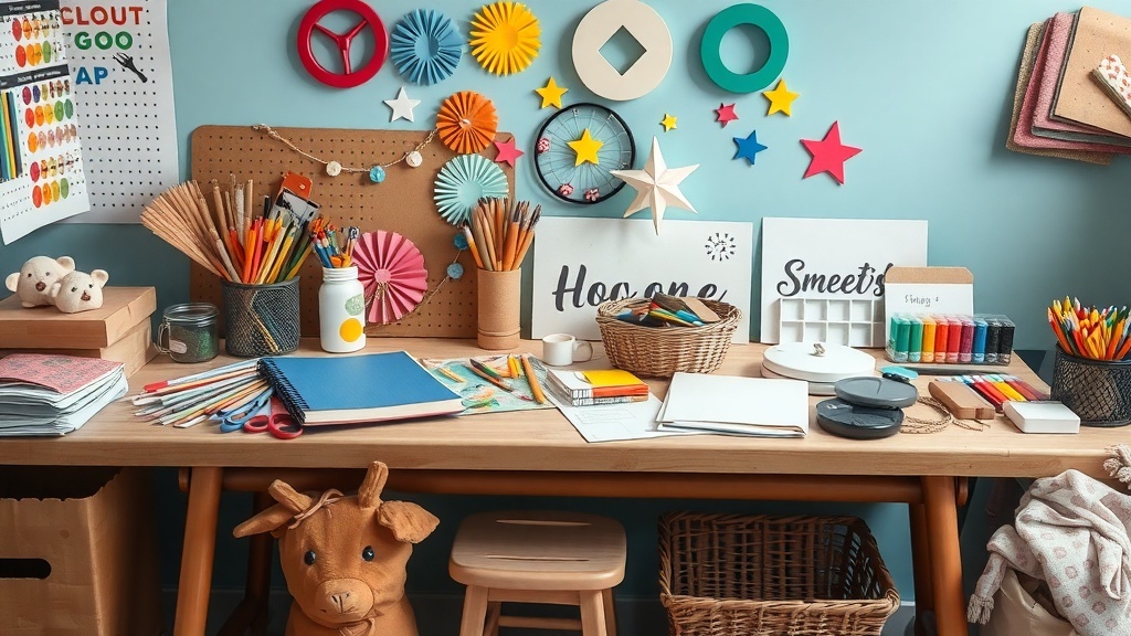 A colorful craft workspace filled with supplies like markers, paper, and decorative items.