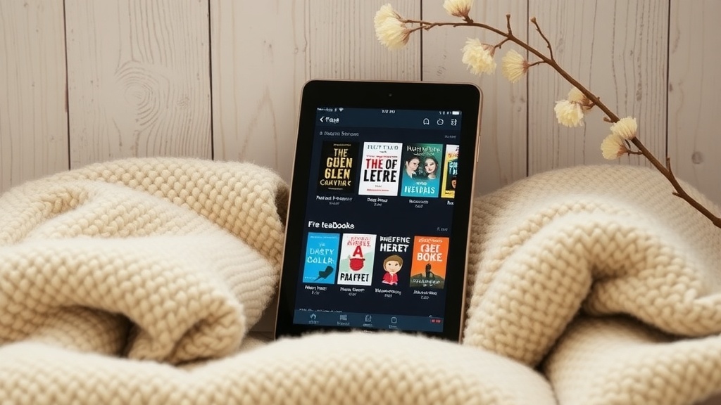 A tablet displaying various eBook covers on a soft blanket.