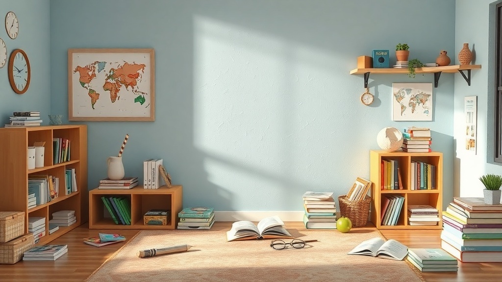 A cozy educational room with bookshelves, a world map, and a warm atmosphere.