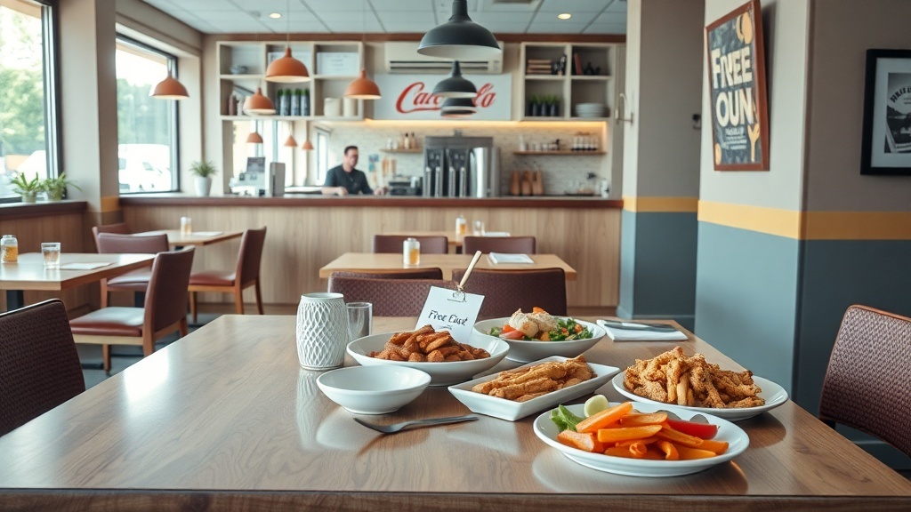 A cozy restaurant table with various food items and a sign indicating a free offer.