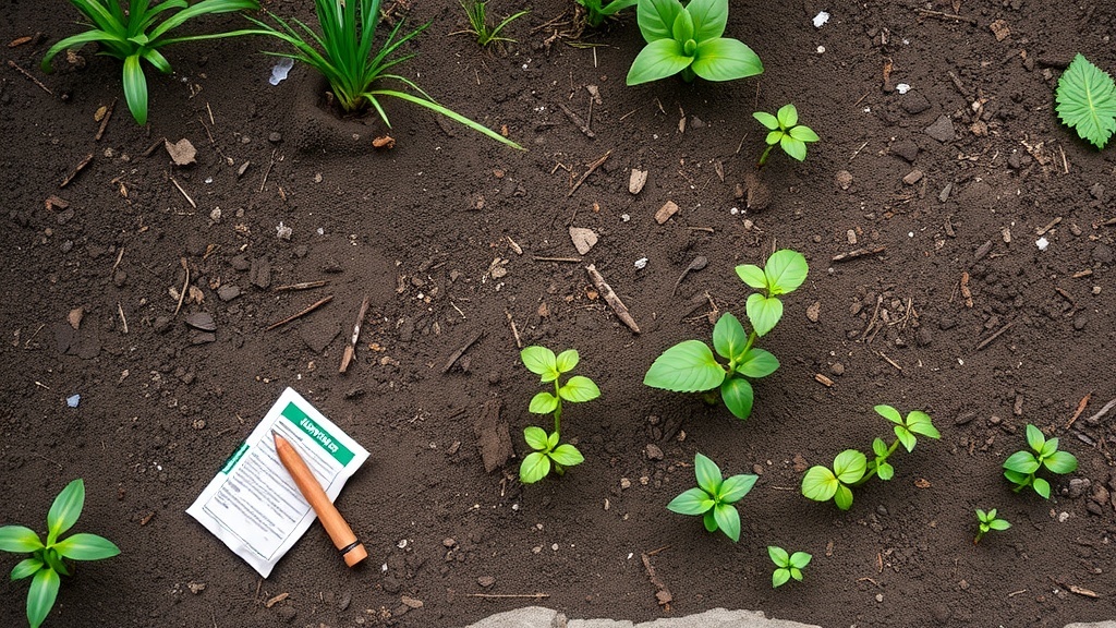 A patch of soil with young plants and a seed packet lying on the ground.