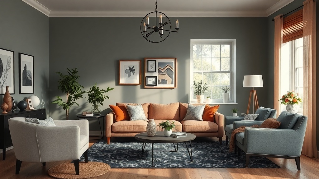 A cozy living room with warm tones, stylish furniture, and decorative plants.