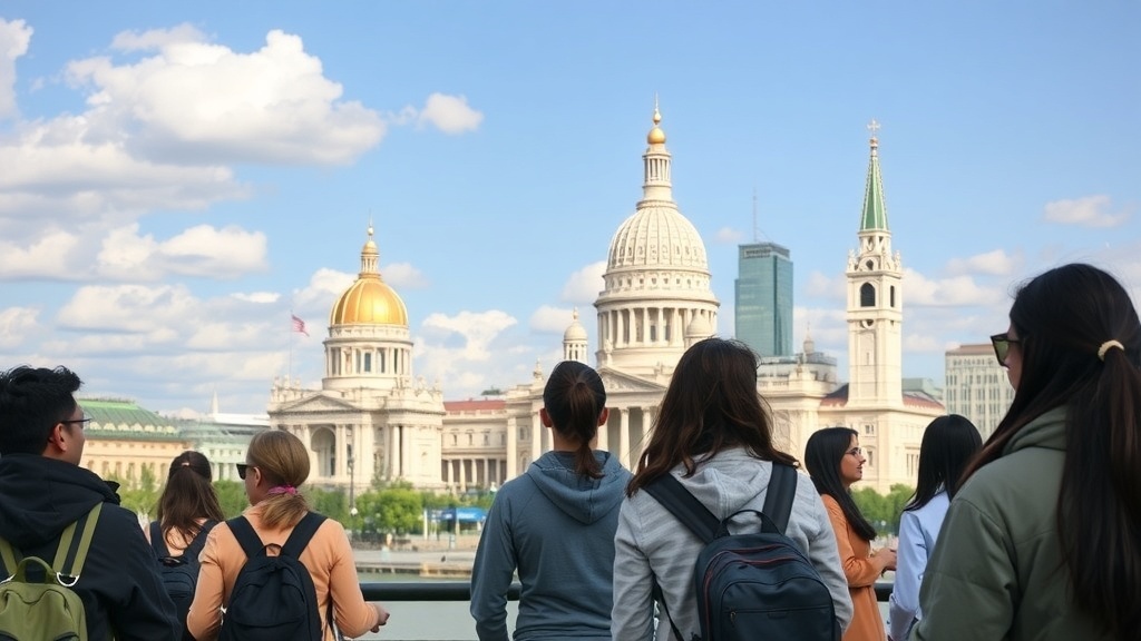 A group of people on a tour admiring beautiful architecture.