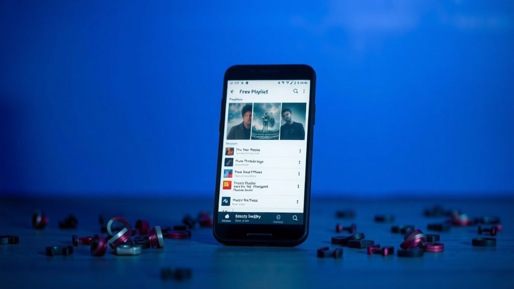A smartphone displaying a music app with a playlist titled 'Free Playlist' against a blue background.