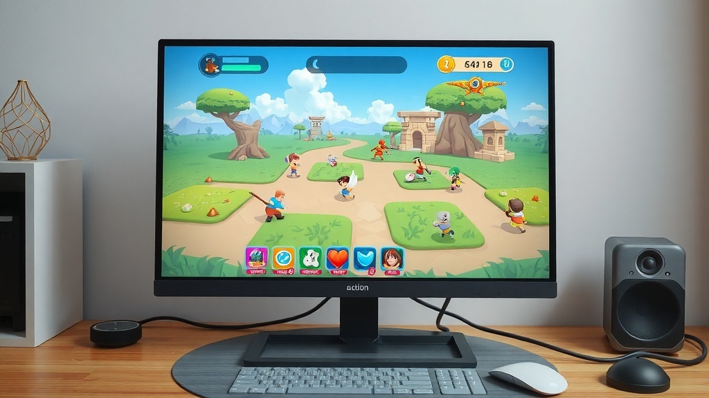 A colorful online game displayed on a computer screen, featuring characters and a vibrant environment.