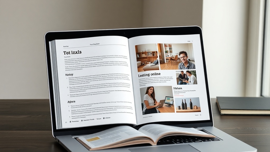 A laptop displaying an open online magazine with articles and images.