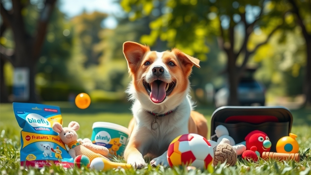 A happy dog sitting on grass surrounded by various pet toys and supplies.