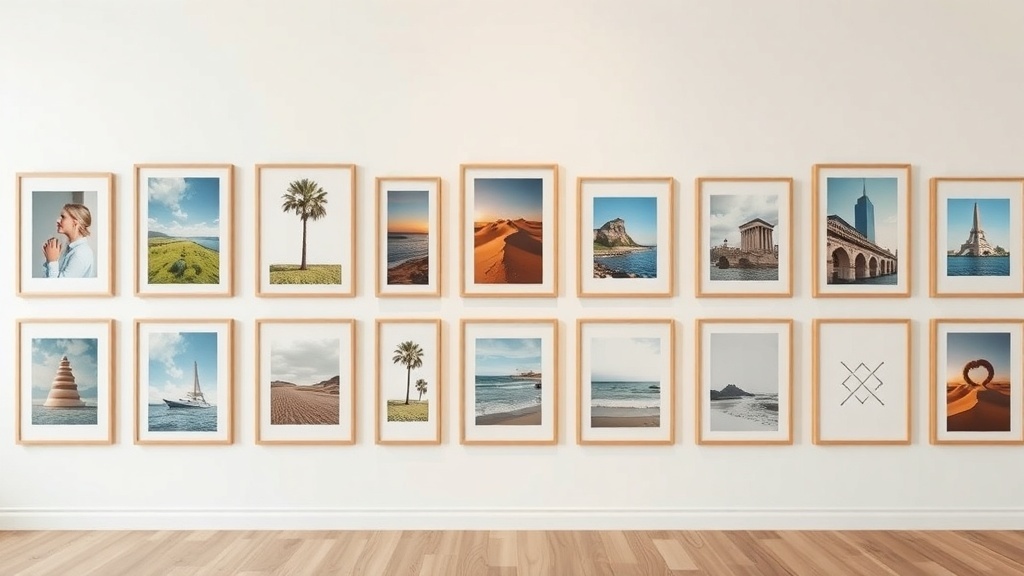 A gallery wall featuring various framed photographs, including landscapes and iconic landmarks.