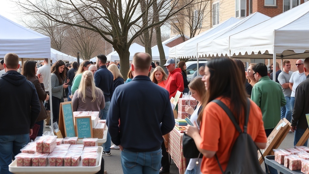 A busy local market with people exploring various stalls and sampling products.