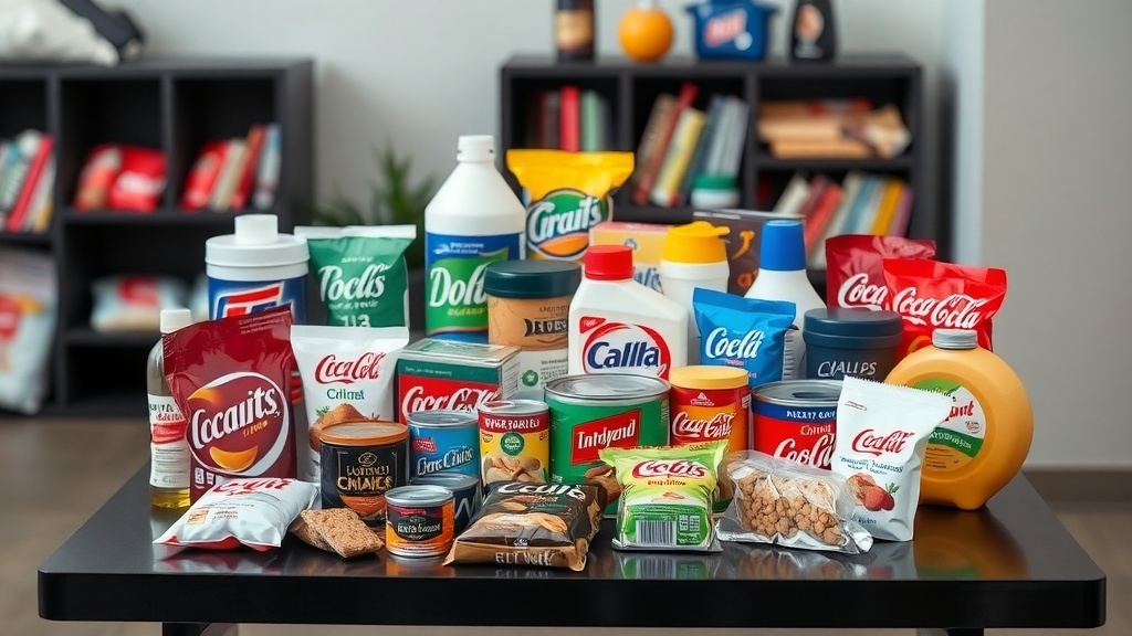 A table displaying various products from major brands, including snacks and cleaning supplies.