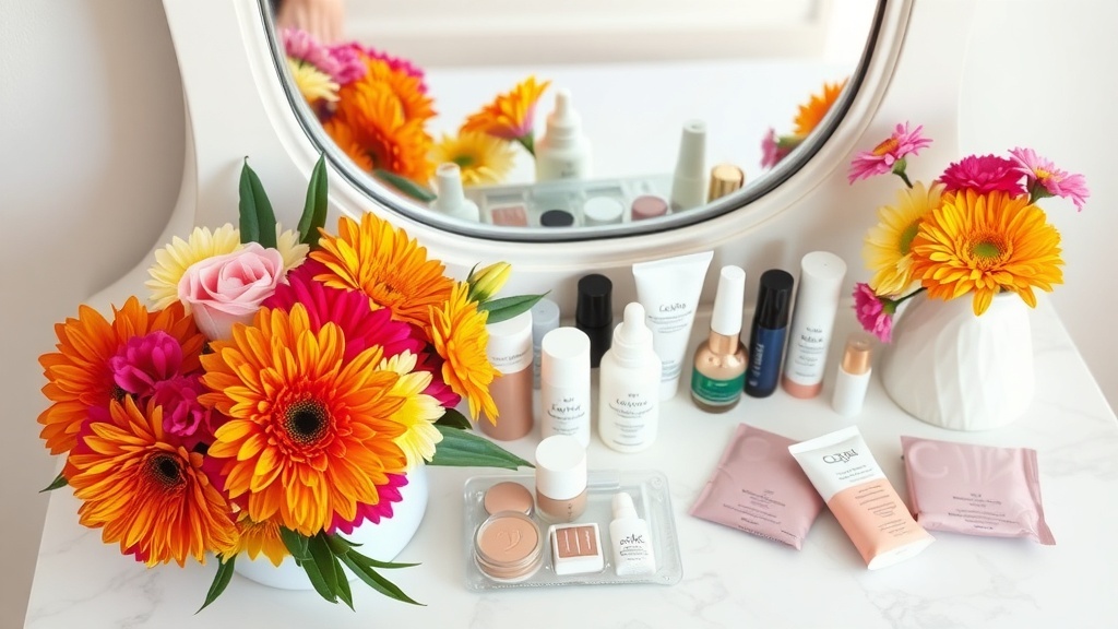 A beautifully arranged vanity with colorful flowers and various beauty products.