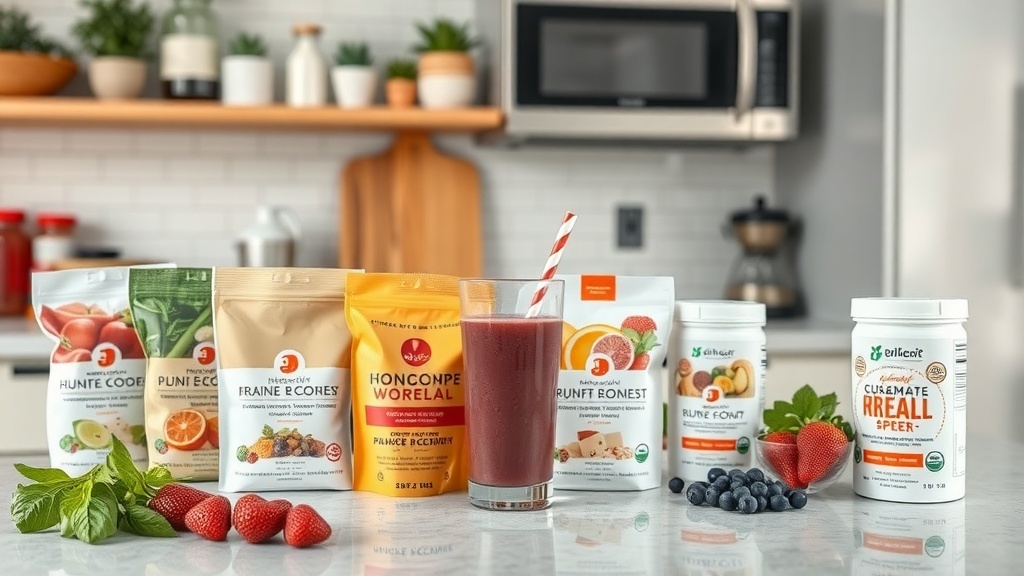 A variety of health supplement packets on a kitchen counter with a smoothie in a glass.
