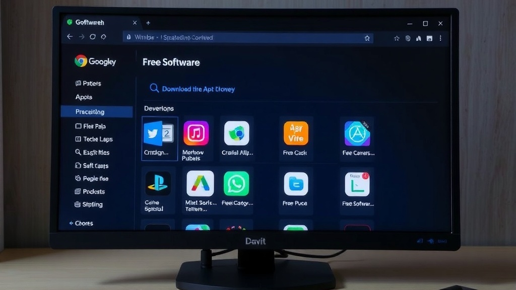 A computer screen displaying a browser window with a section labeled 'Free Software' showing various app icons.