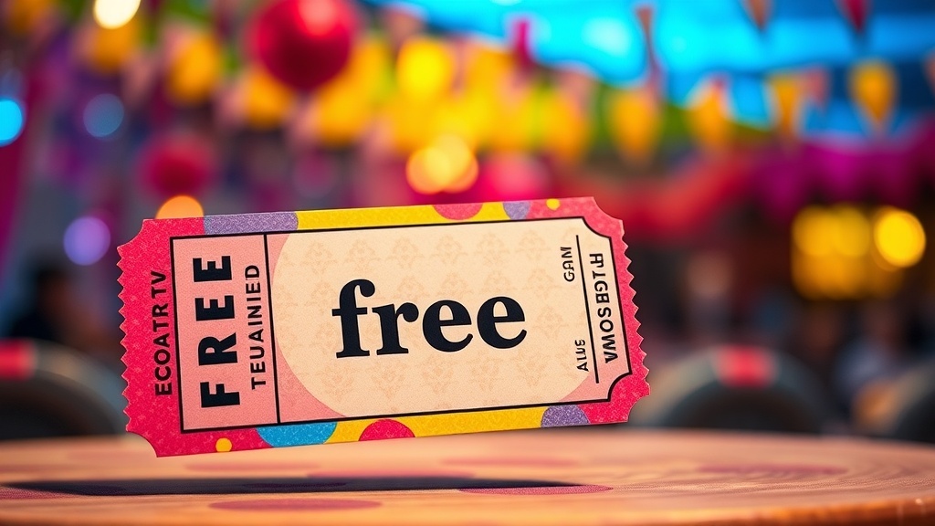 A colorful ticket with the word 'free' prominently displayed, set against a festive background.