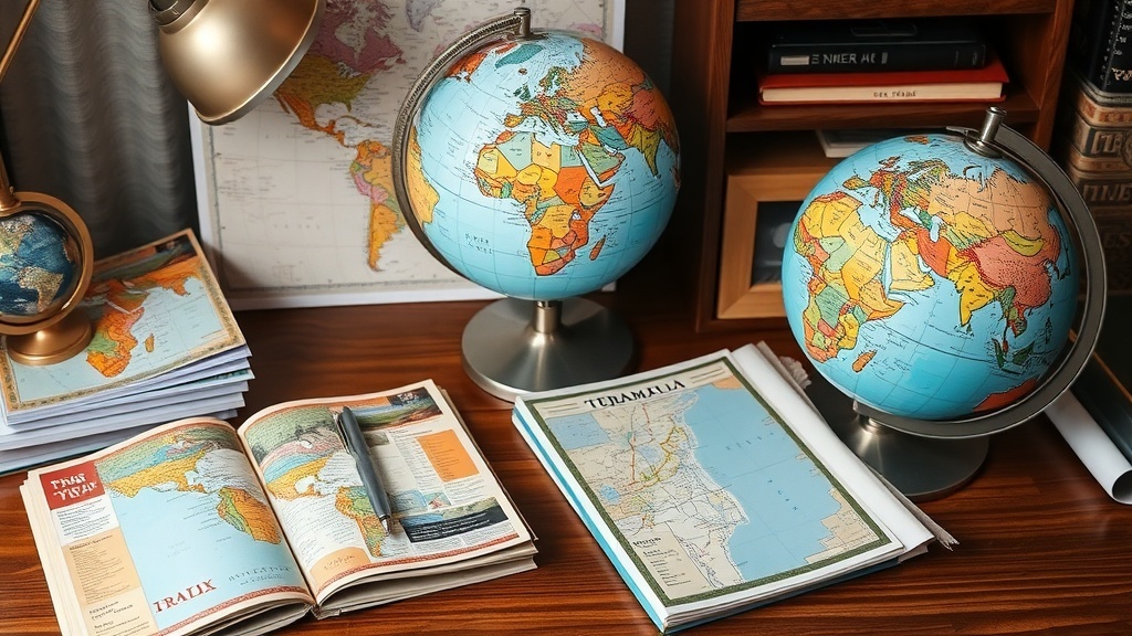 A workspace with globes, maps, and travel guides on a wooden desk.