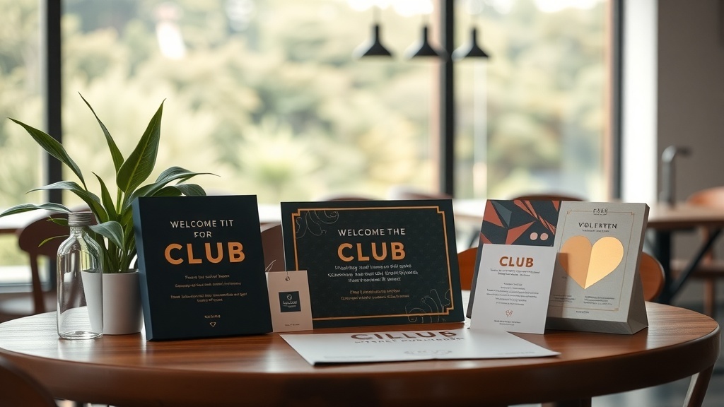 A table with various welcome signs for a club, showcasing a friendly atmosphere.
