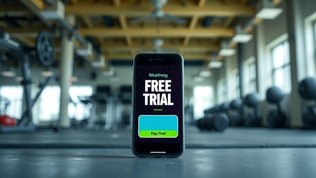 A phone displaying a 'FREE TRIAL' offer for a fitness app in a gym setting.