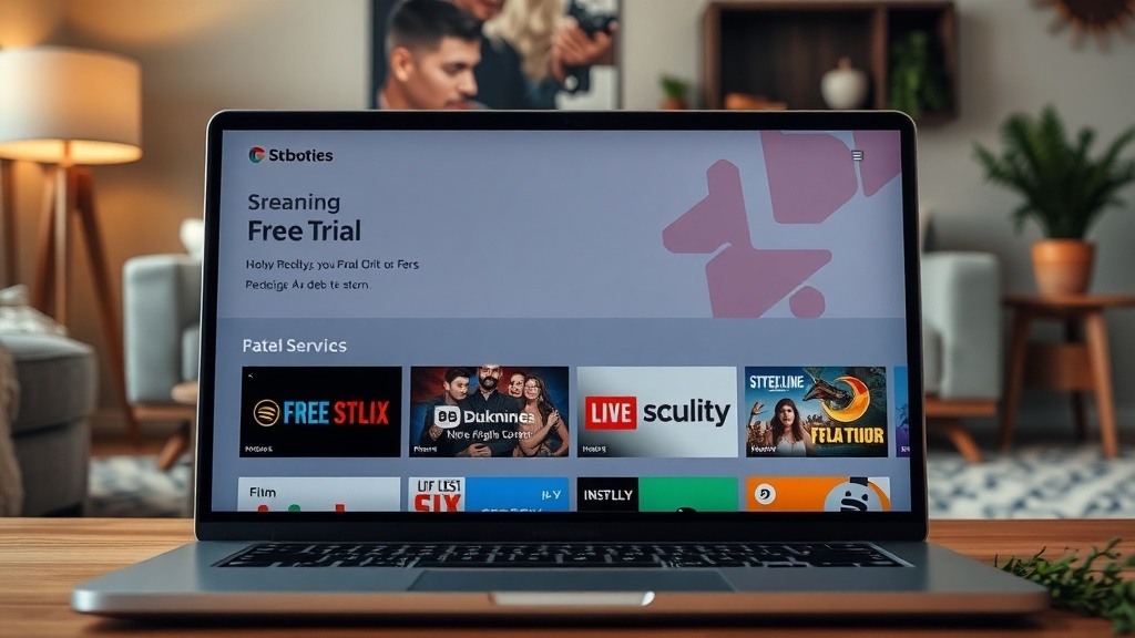 A laptop displaying a streaming service with a 'Free Trial' option on the screen.