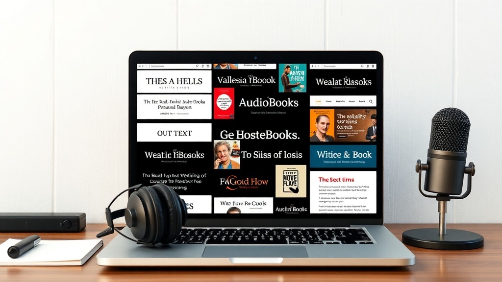 A laptop displaying audiobook platforms with a microphone and headphones on a desk.