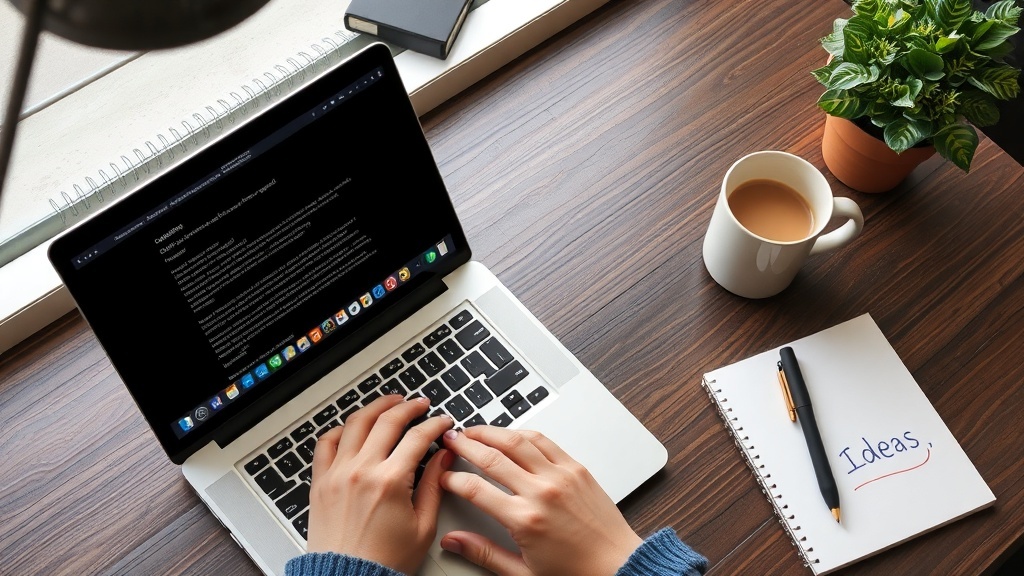 A cozy workspace with a laptop, coffee, and a notepad titled 'Ideas.'