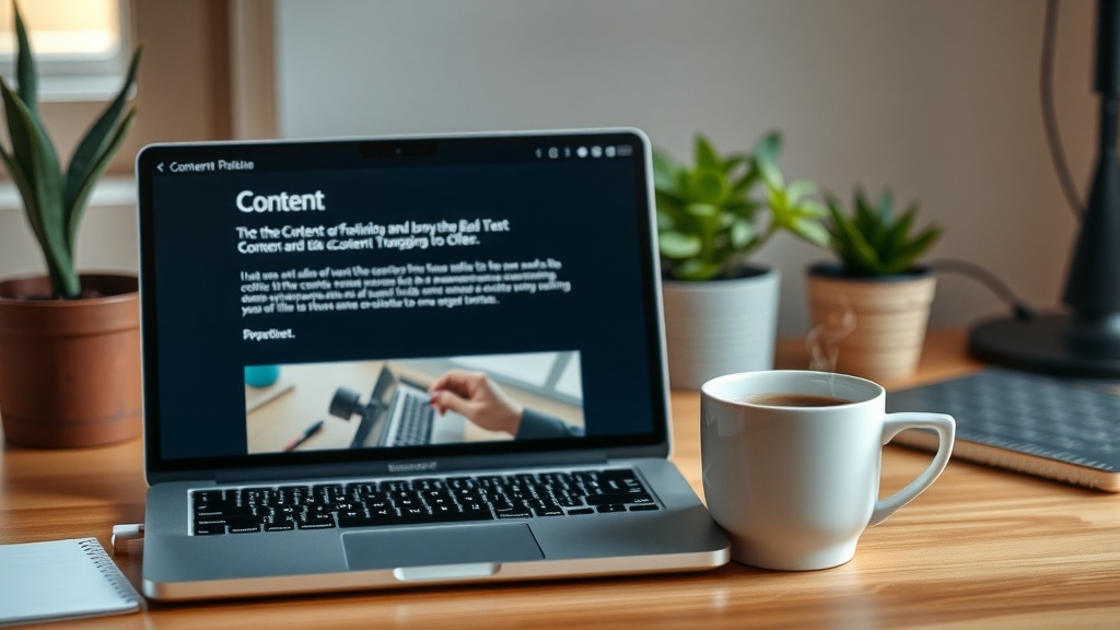 A cozy workspace featuring a laptop, a cup of coffee, and potted plants, ideal for freelance writing.