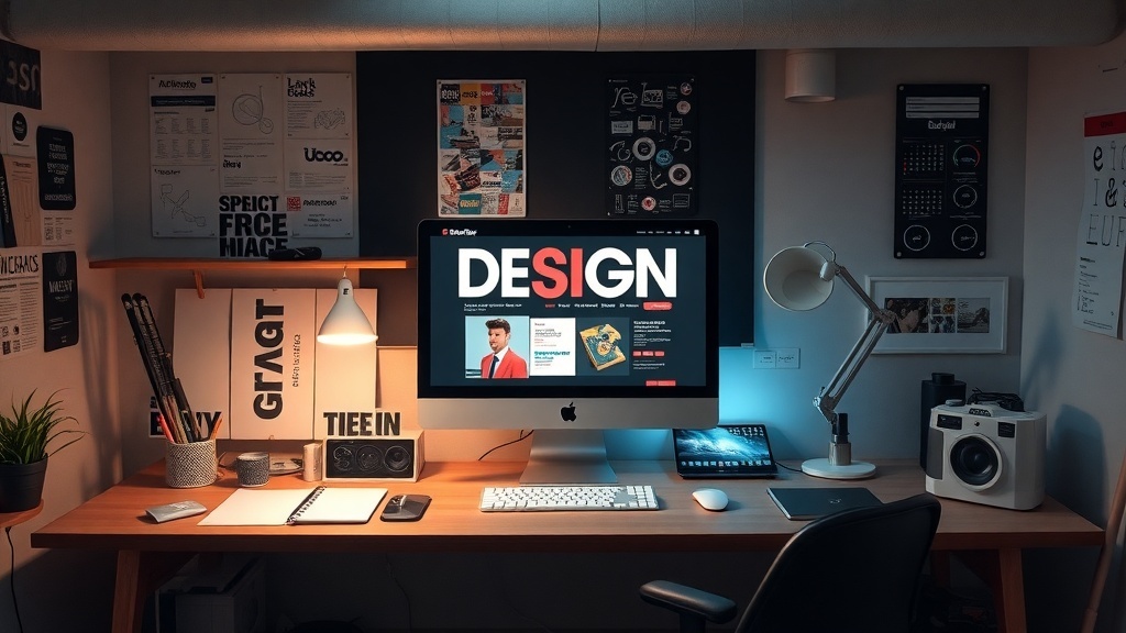 A well-organized graphic design workspace featuring a computer, design tools, and creative materials.