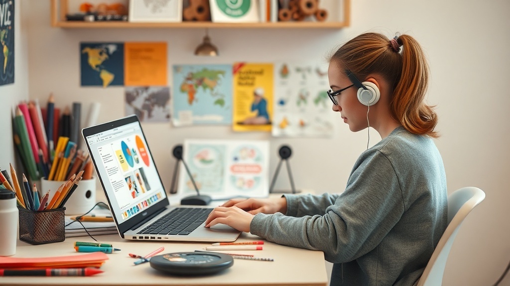 A teenager working on graphic design at a desk with a laptop and colorful art supplies.