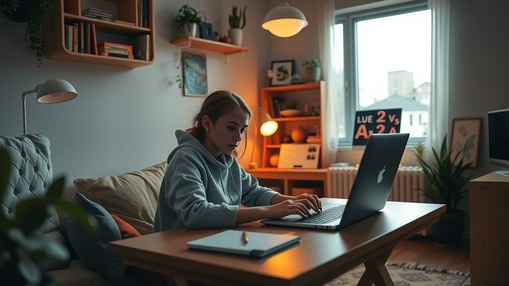 A teenager working on a laptop in a cozy room, focusing on graphic design.