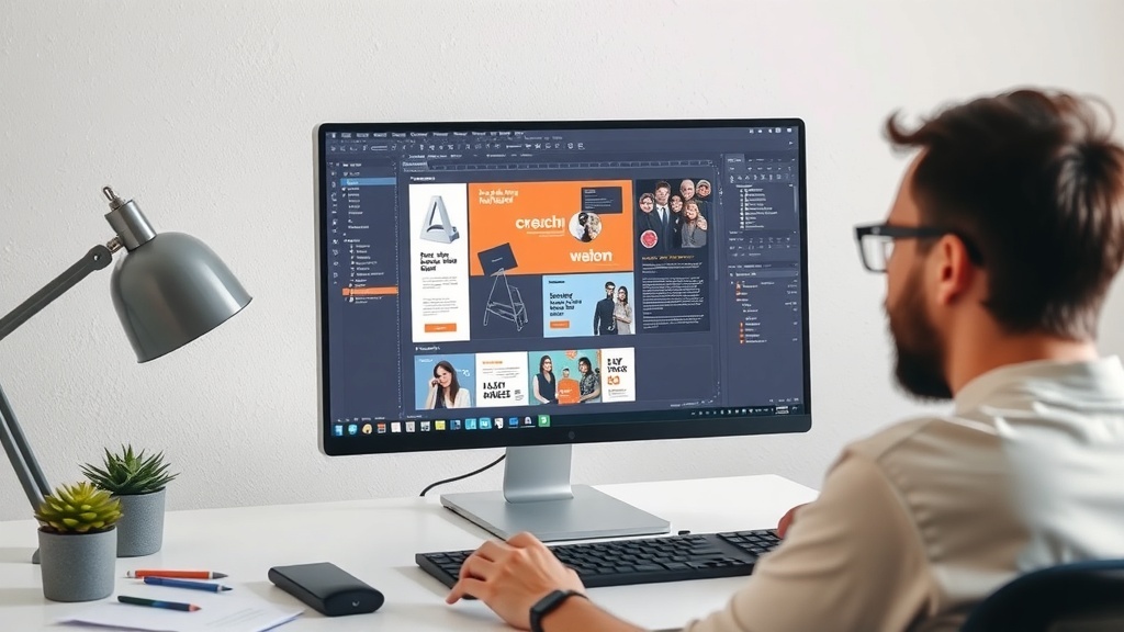 A graphic designer working on a computer, showcasing design projects on the screen.
