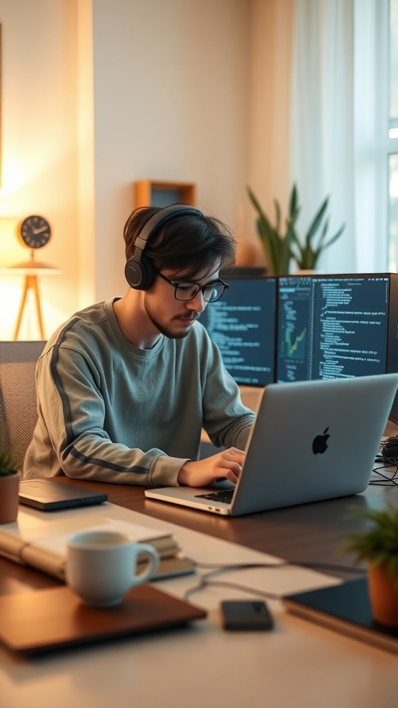 A person working on software development at a desk with multiple screens.