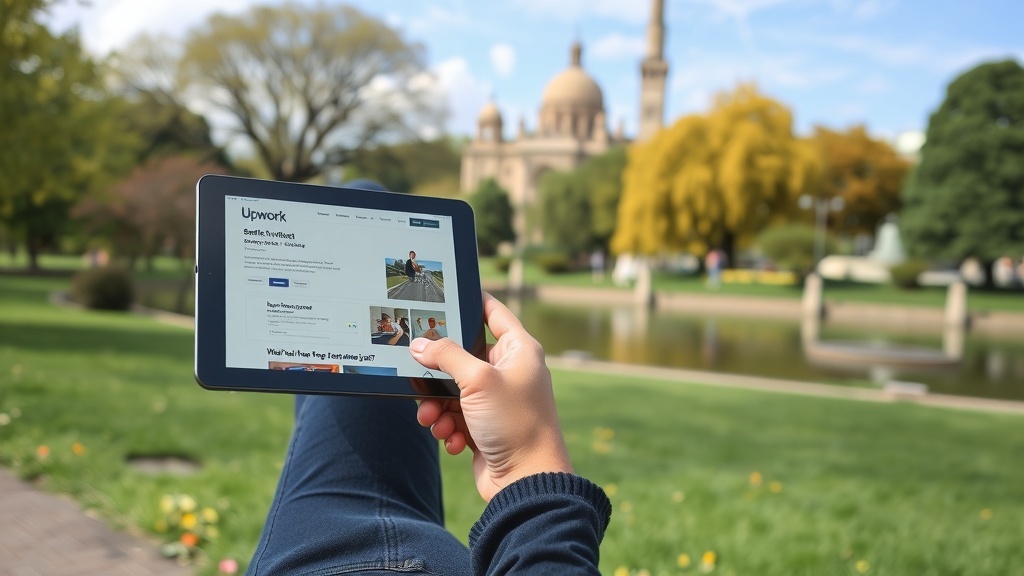 A person holding a tablet displaying the Upwork website in a park setting.