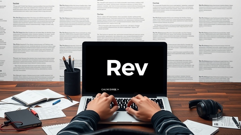 A workspace featuring a laptop with the Rev logo, surrounded by notes and a headset, indicating freelance subtitle work.