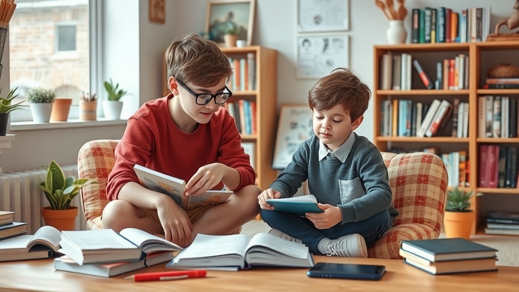 Two children engaged in learning, one reading a book and the other using a tablet, surrounded by books.