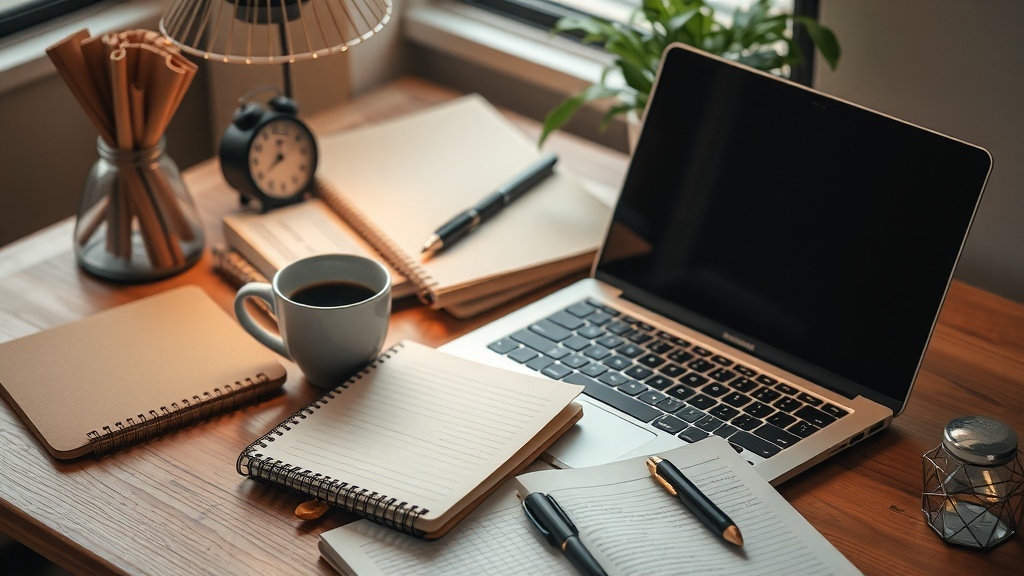 A cozy workspace featuring a laptop, notebooks, a clock, and a cup of coffee.