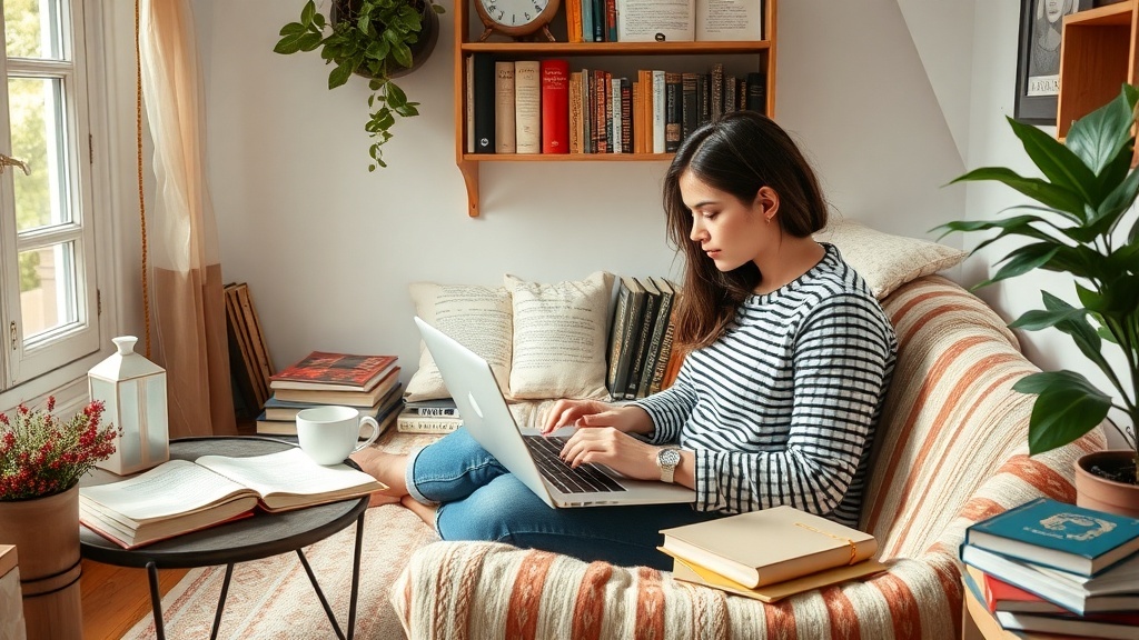 A person working on a laptop in a cozy living room filled with books and plants.