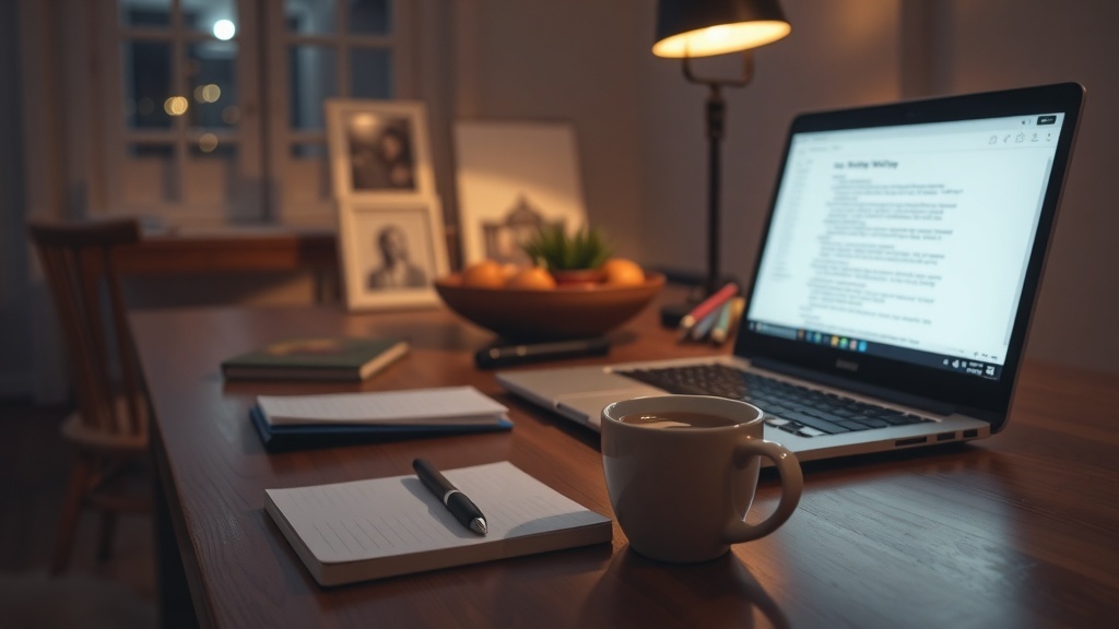 A cozy workspace with a laptop, coffee cup, and notepad, ideal for freelance writing.